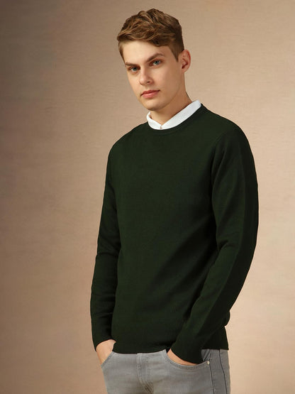 Dennis Lingo Men Green Solid Slim Fit Full Sleeve Crew Pullover Sweater