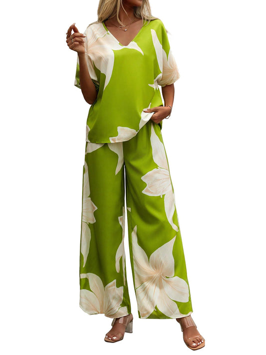 Shasmi Womens Casual Elegant Pista Floral Printed Batwing V-Neck Blouse, Sleeve Shirt, Wide Long Pants for Ladies 2pcs/Set, Spr