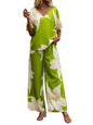 Shasmi Womens Casual Elegant Pista Floral Printed Batwing V-Neck Blouse, Sleeve Shirt, Wide Long Pants for Ladies 2pcs/Set, Spr