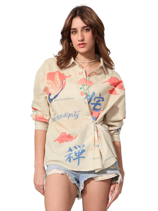 The Souled Store Cotton Linen Shirt: Unbound Women and Girls Long Sleeves Collared Neck Button Front Beige All Over Printed Cott