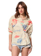 The Souled Store Cotton Linen Shirt: Unbound Women and Girls Long Sleeves Collared Neck Button Front Beige All Over Printed Cott