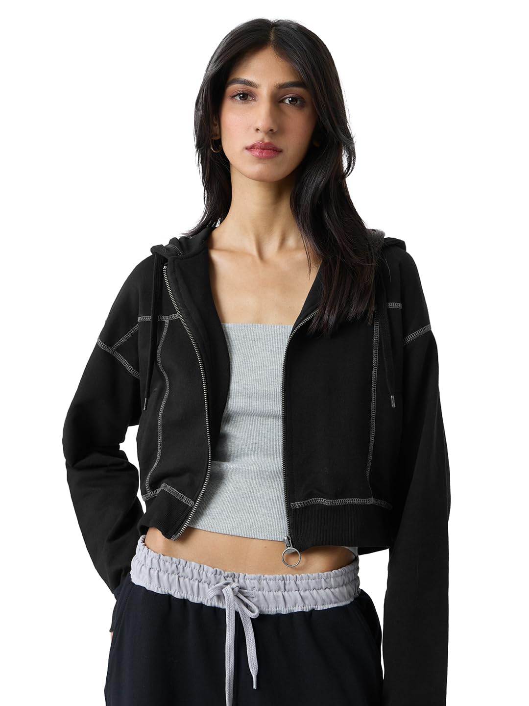 The Souled Store Black Oyster Women and Girls Long Sleeves Hooded Neck Zipper Front Cotton Cropped Oversized Hoodies