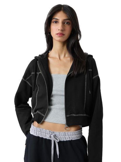 The Souled Store Black Oyster Women and Girls Long Sleeves Hooded Neck Zipper Front Cotton Cropped Oversized Hoodies