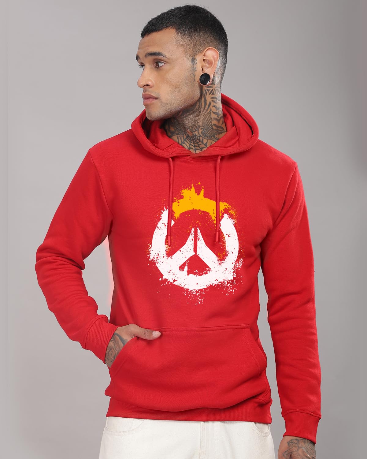 ADRO Men's Cotton Neck Hooded Sweatshirt (H20-M-PC-RD_Red)