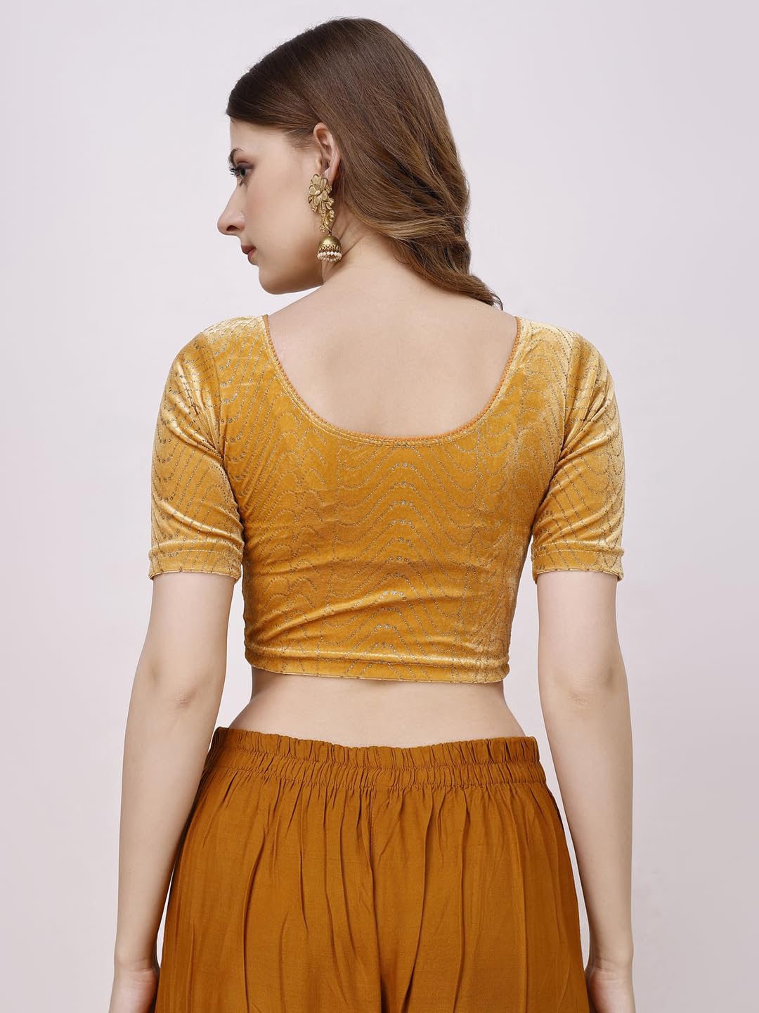 Vihu Fashion WomenS Readymade Hosiery Velvet Lycra Stretchable Round Neck Half Sleeve Blouse With Jari Work Fancy Gold Color Ly