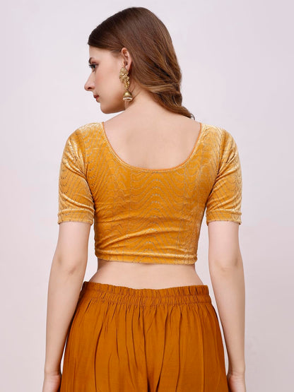 Vihu Fashion WomenS Readymade Hosiery Velvet Lycra Stretchable Round Neck Half Sleeve Blouse With Jari Work Fancy Gold Color Ly