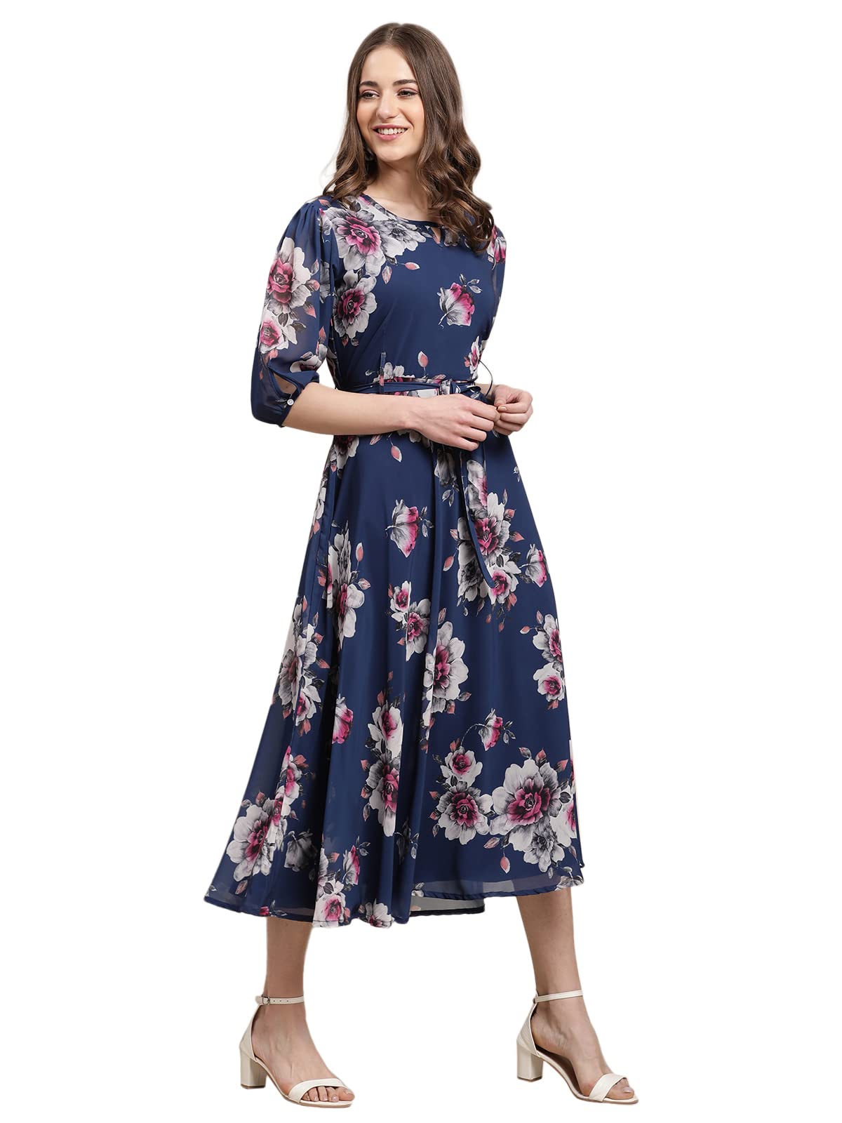 Preneum WomenS Maxi Fit & Flare Latest Style Print Georgette Regular Sleeves Casual Summer Maxi | Festival & Occasion, Light Bl