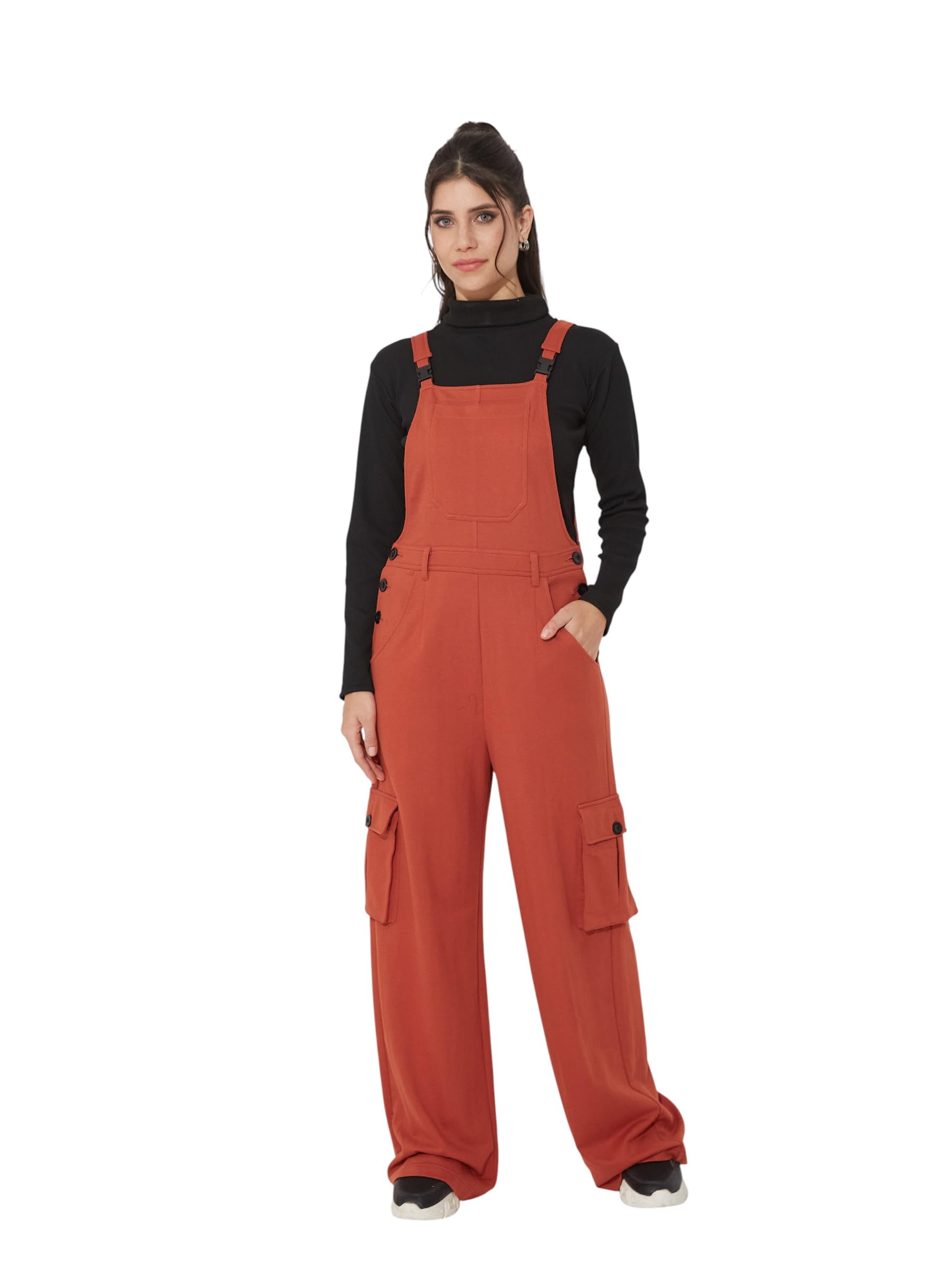 Miss Chase Womens Rust Square Neck Sleeveless Wide Leg Full Length Cotton Dungaree (MCSS25D20-52-606-02, Rust, XS)