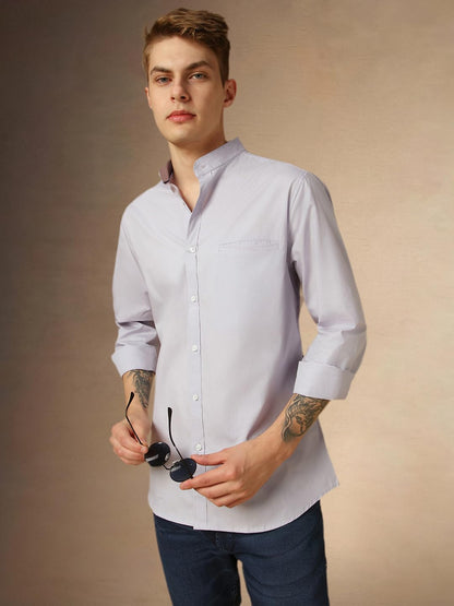 Dennis Lingo MenS Lilac Full Sleeve Mandarin Collar Solid Regular Fit Casual Shirt