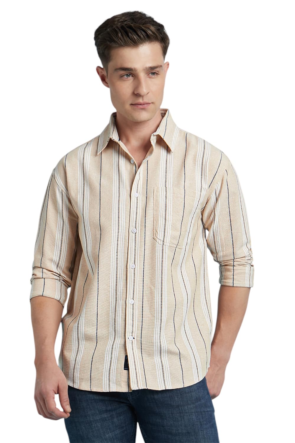 Dennis Lingo Men Cotton Regular Fit Striped Shirts Beige