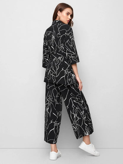 Leriya Fashion Nightdress For Women || Nightdress For Women || Rayon Collared Self Belted Allover Print Shirt Top & Wide Leg Pan