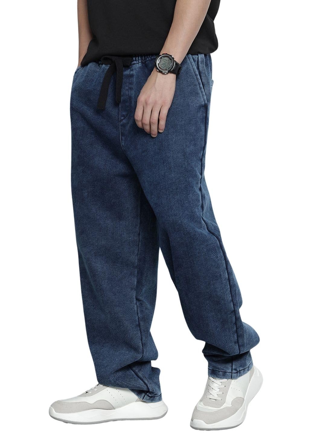 The Indian Garage Co Mens Barrel Loose Fit Solid Denim Jeans