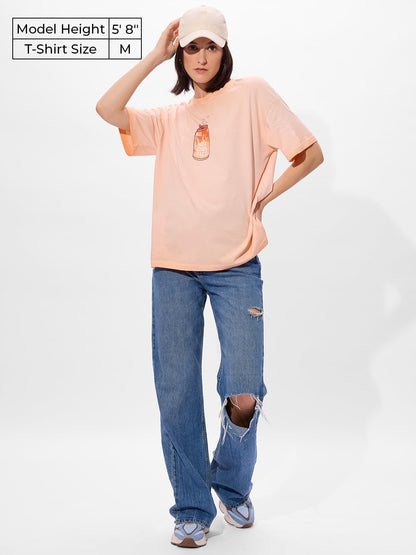 The Souled Store Hot Girl Fizz Women and Girls Short Sleeve Round Neck Black Graphic Printed Cotton Oversized T-Shirts