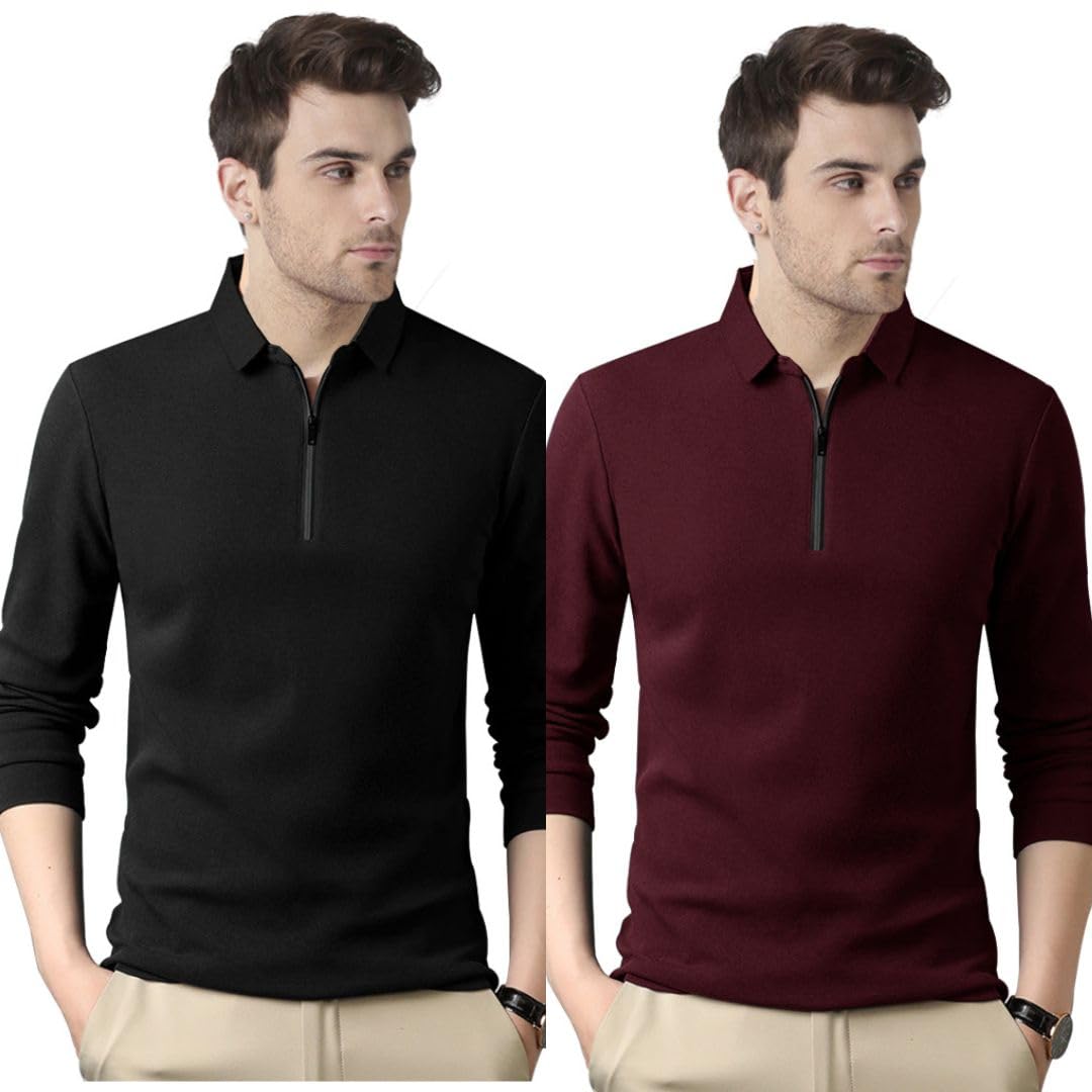 Noble Monk MenS Polo Neck Full Sleeves Solid T-Shirt