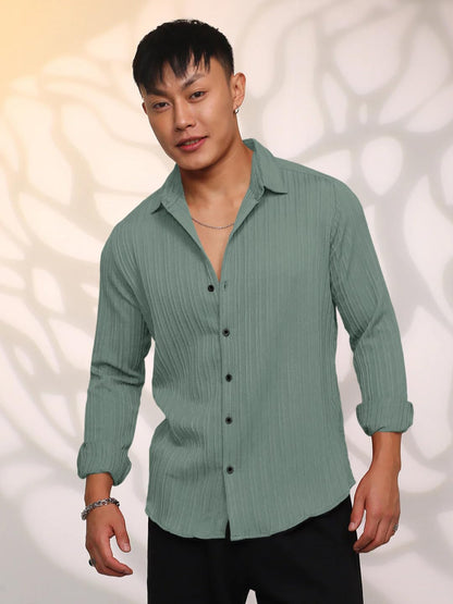 Finivo Fashion MenS Casual Cotton Striped Button Down Shirts Long Sleeve Textured Summer Beach Shirt For Men Green