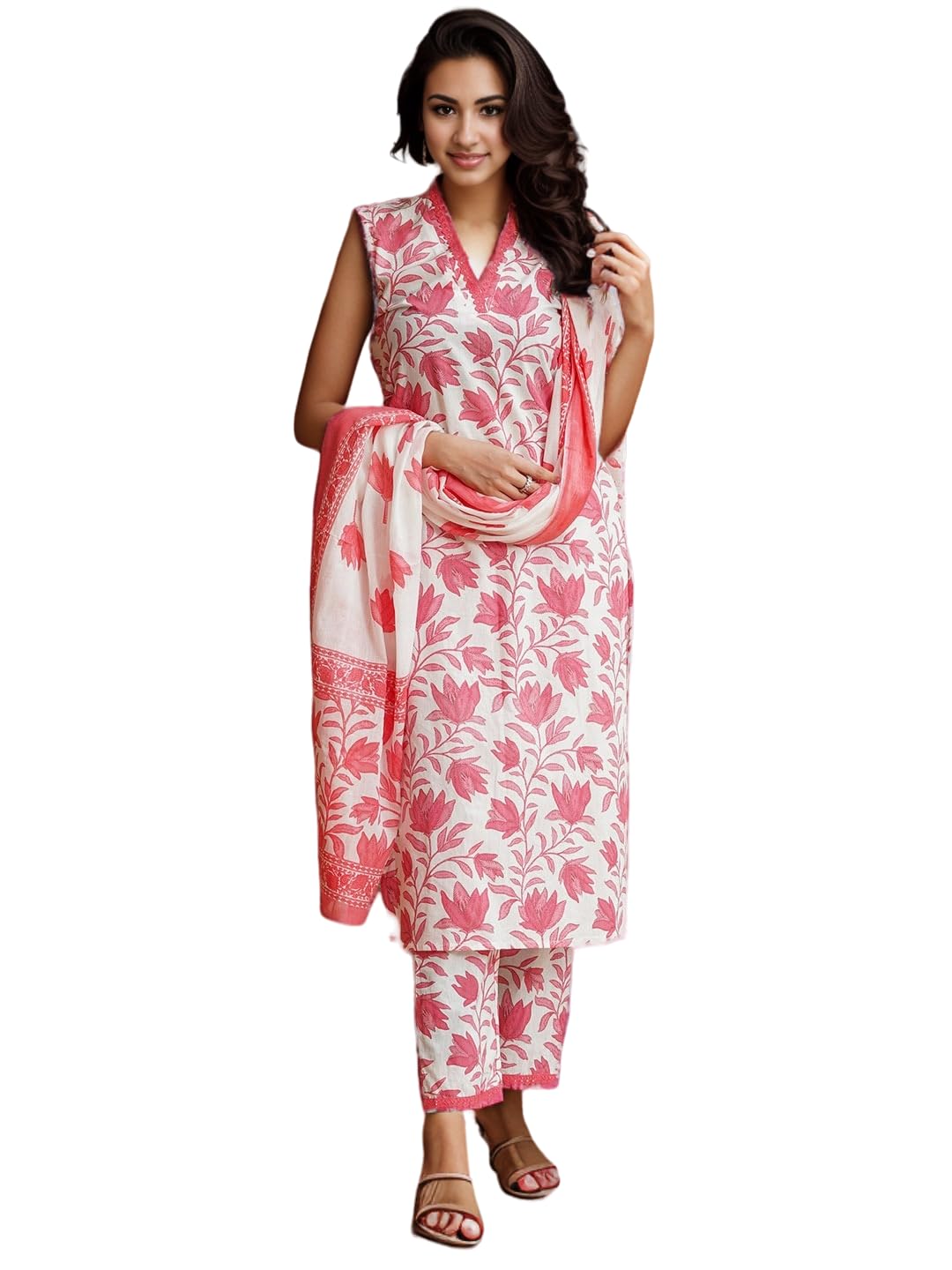 Shienzy WomenS Printed Cotton Blend Sleeveless V-Neck Kurta Pant Dupatta Set || Stylish Indo-Western Kurti For Wedding, Festive