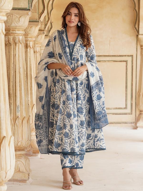 Pinkmint WomenS Cotton Blend Off White Floral Printed Kurta With Pant & Dupatta L Stylish Festival Wear (Pack Of 1)
