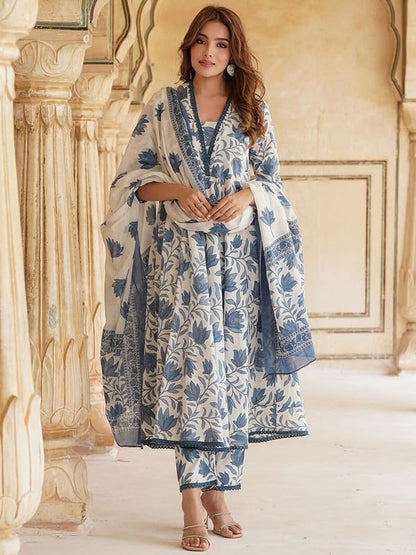 Pinkmint WomenS Cotton Blend Off White Floral Printed Kurta With Pant & Dupatta L Stylish Festival Wear (Pack Of 1)