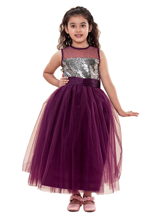 A.T.U.N. Girls Sequins Tulle Party Gown Wine-Silver
