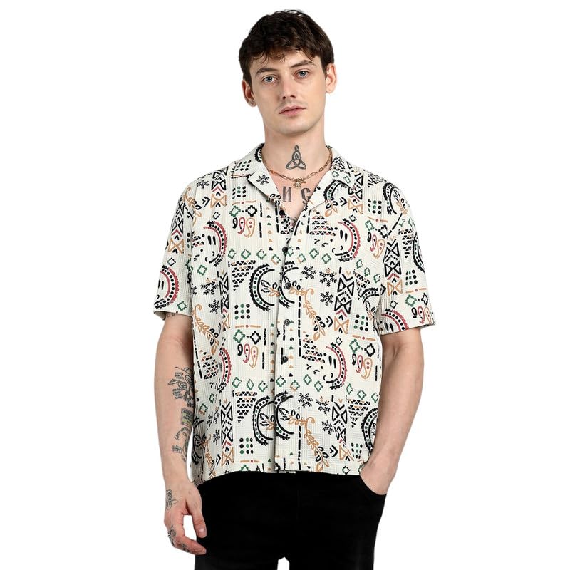 Campus Sutra Mens Off-White Oversized Bohemian Shirt for Casual Wear | Cuban Collar | Short Sleeve | Button Closure | Shirt Cra