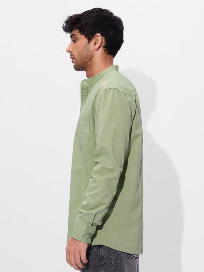 The Souled Store Solids: Light Green Men and Boys Long Sleeves Mandarin Collared Neck Button Front Regular Fit Cotton Linen Shir