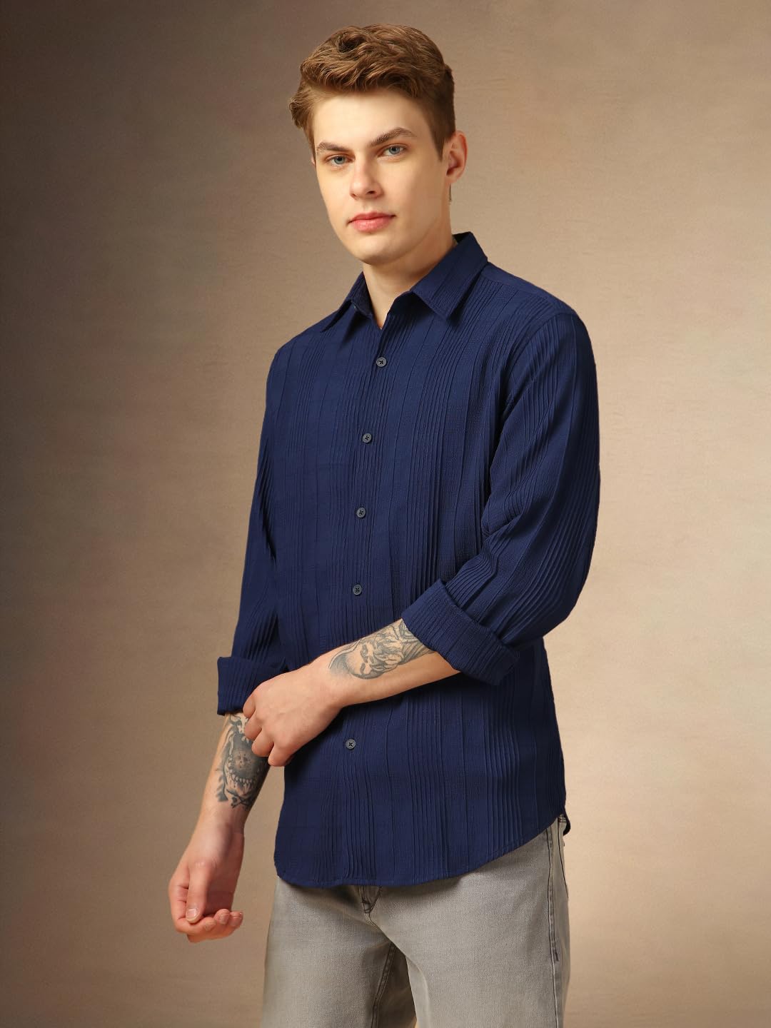 Dennis Lingo Men Relaxed Fit Polyester Full Sleeves Solid Textured Casual Shirts Navy Blue
