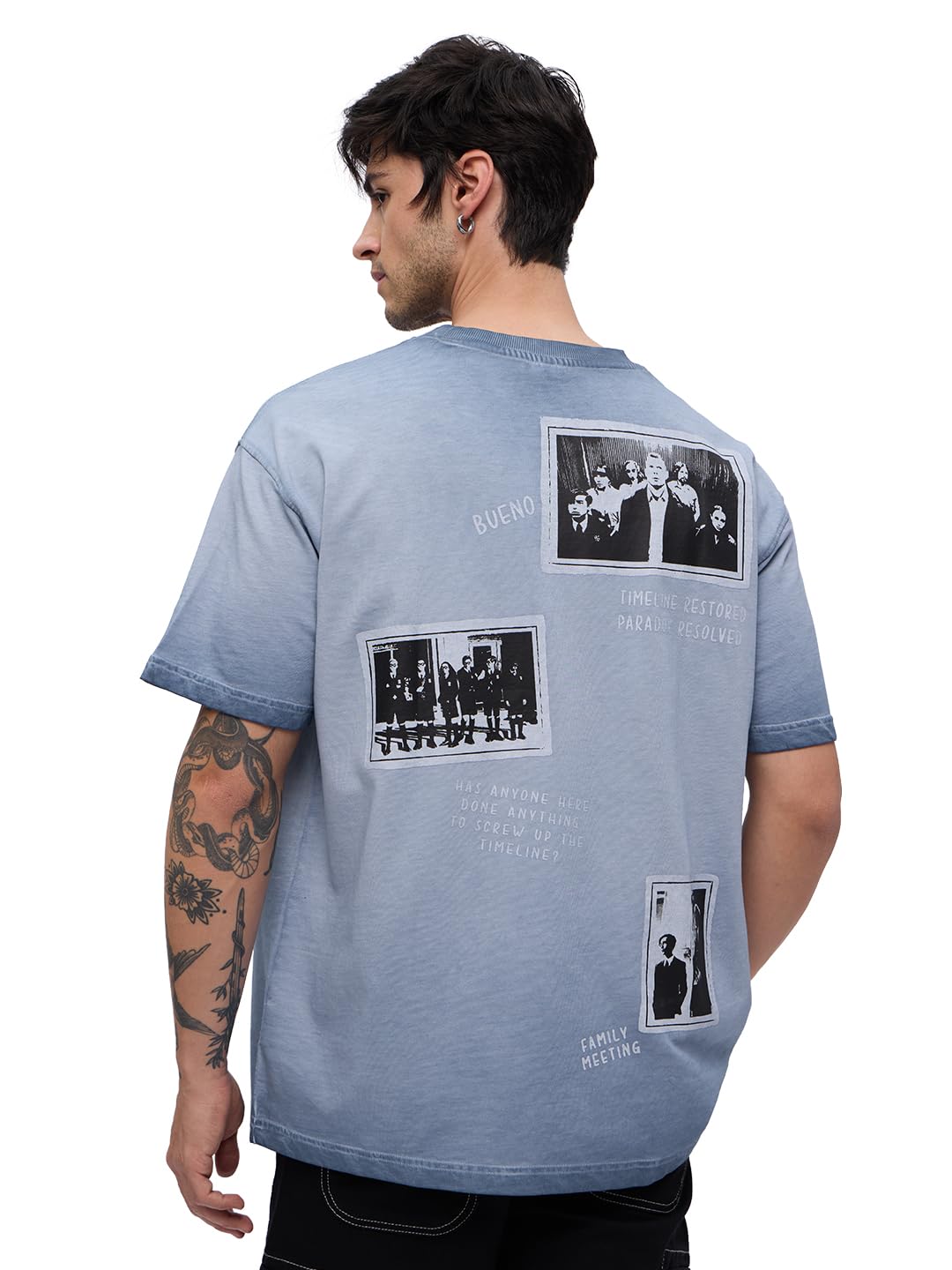 The Souled Store Umbrella Academy: The Hargreeves Men and Boys Short Sleeves Round Neck Blue Graphic Printed Cotton Oversized T-