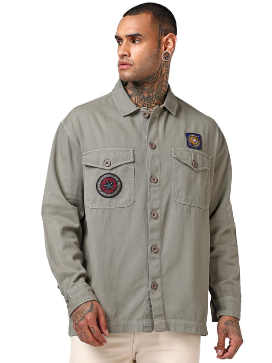 Bewakoof MenS Printed Oversized Fit Full Sleeve Collar Cotton Twill Shirt_685484_Green_S