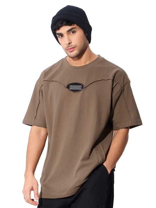 The Souled Store Originals : Textured Mocha Oversized T-Shirt for Men Boys Cotton Casual Half Sleeves Baggy Loose Fit Drop Shoul