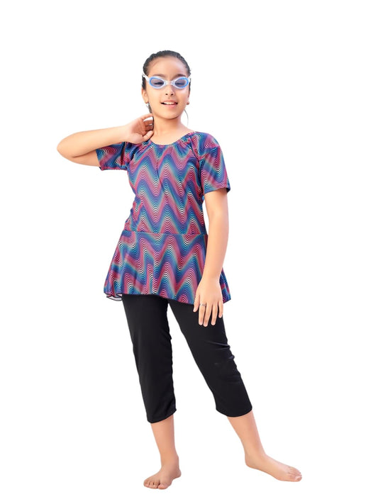 Aarika Girls Sports Wear Green Colour Abstract Print Nylon Swim Suit (5-15 Years)-(SW-SHM-C-1118)
