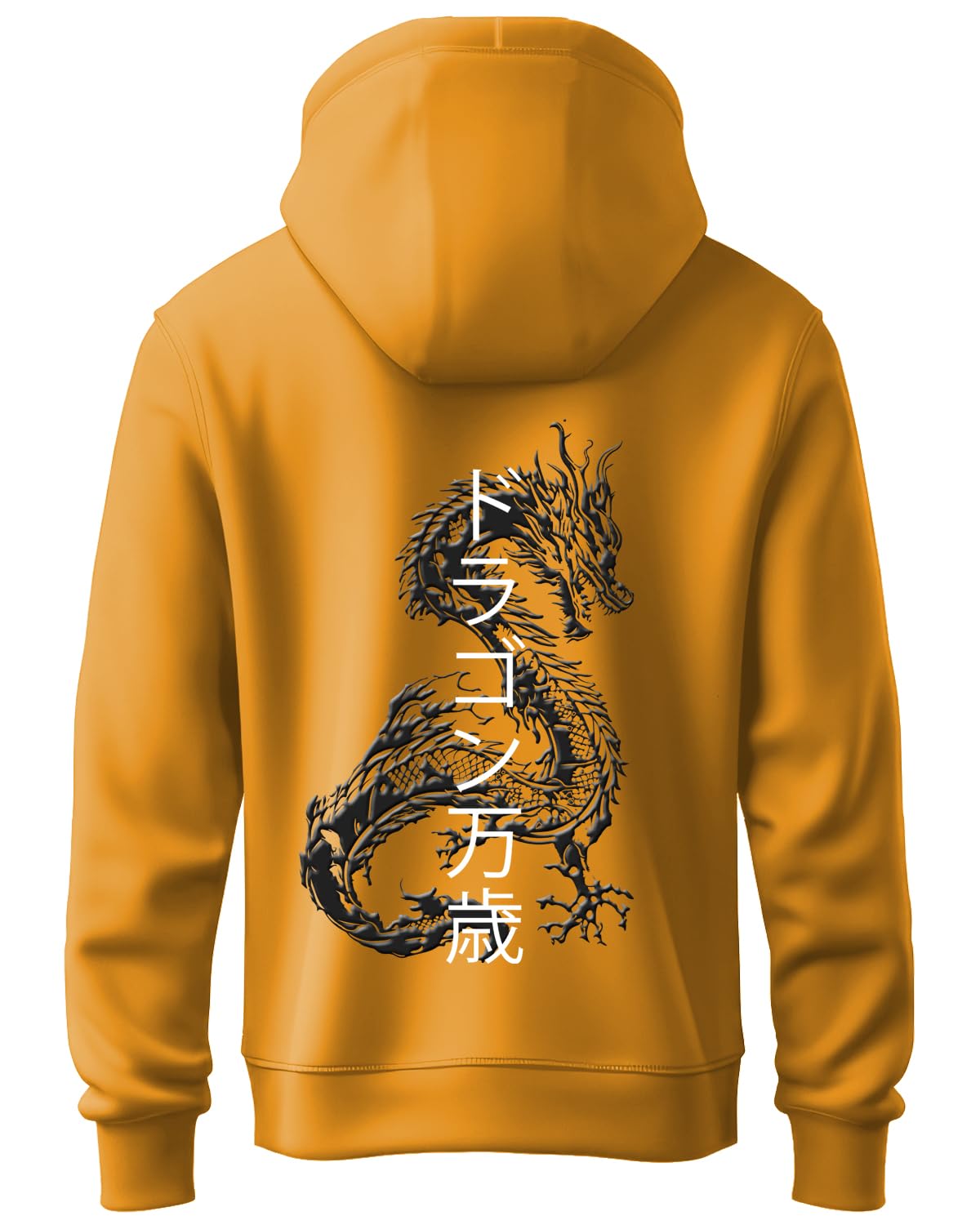 ADRO Mens Hoodies with Hail The Dragon Puff Backside Printed, 100% Cotton 340GSM. (H23-M-DRA-MU_Mustard)