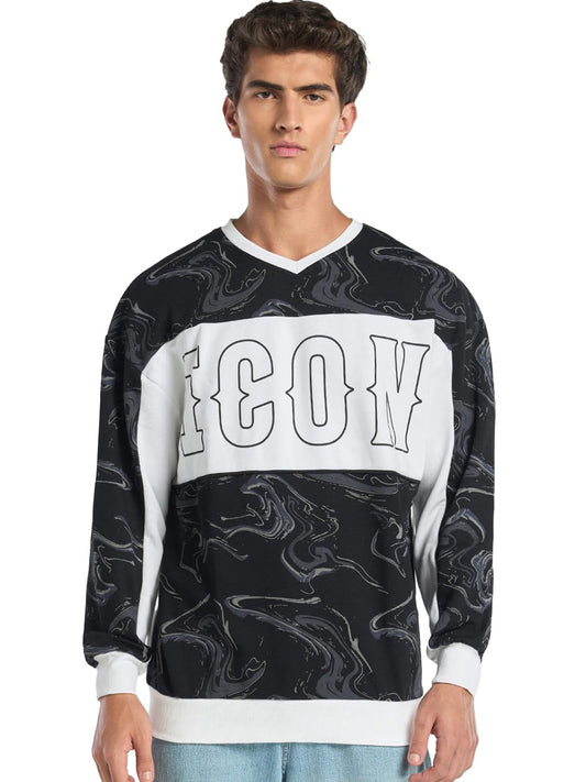 Bewakoof Heavy Duty 1.0 MenS Colorblock Oversized Fit Full Sleeve V-Neck Fleece Blend Sweatshirt_644601_White_M