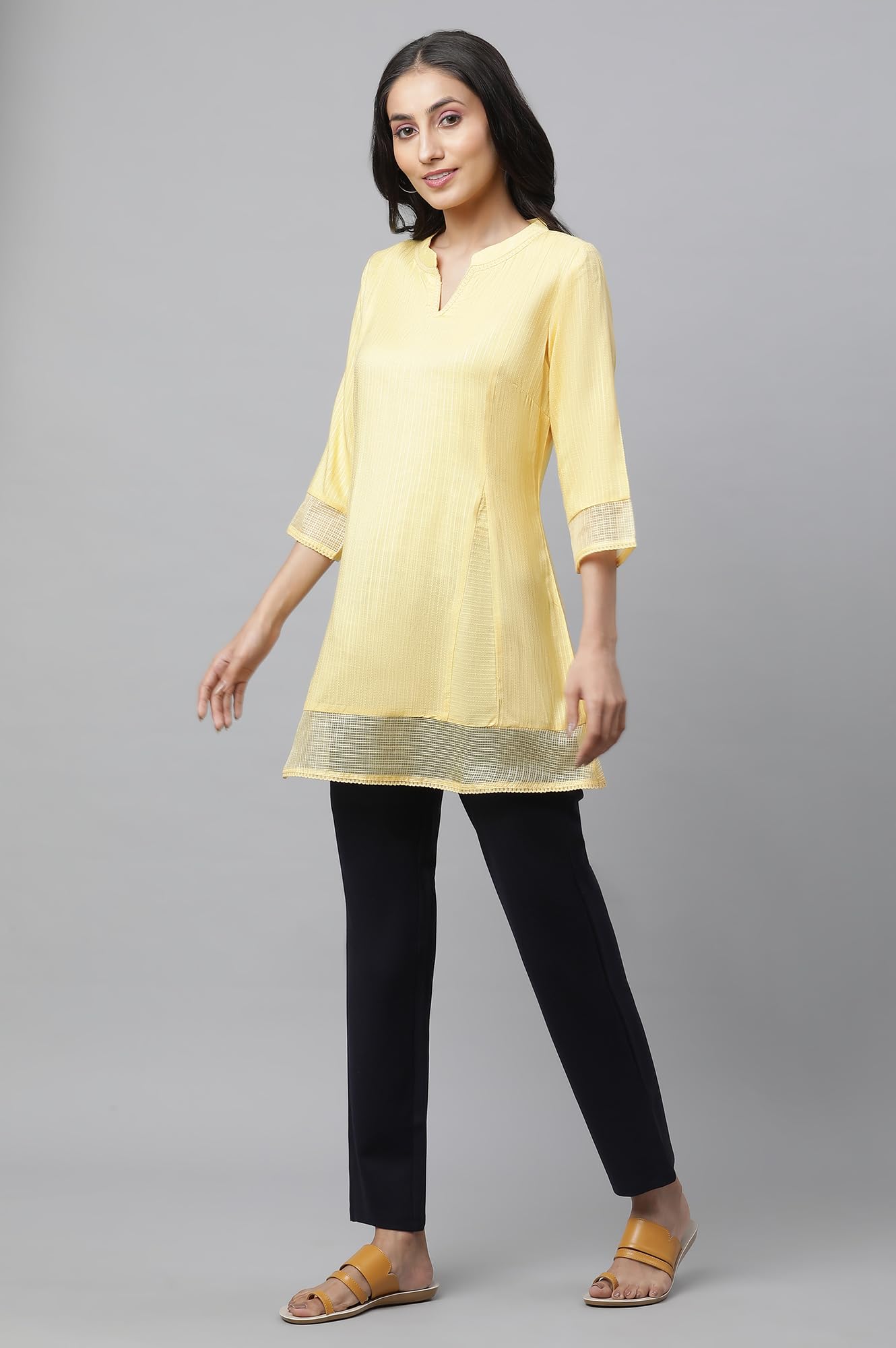 Aurelia Womens Solid A-Line Kurti | V-Neck Kurti for Women | Solid Kurti for Women | Beautiful Regular Fit Kurti for Women Yello