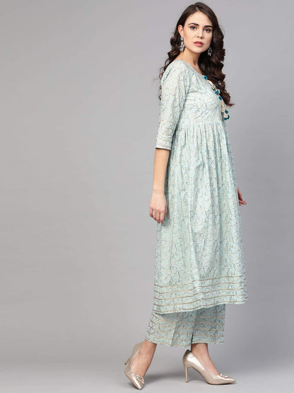 Idalia Cotton Blend Kurta Set For Women, 3/4 Sleeve, Calf-Length, Elegant Design For Special Occasions Multicolour