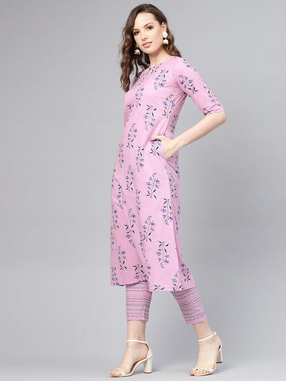 Libas Womens Cotton Printed Regular Fit Kurta Set (6410F_Purple