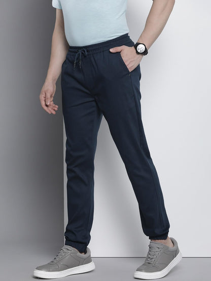 The Indian Garage Co Men Slim Fit Solid Mid-Rise Stretchable Chino Joggers Navy Blazer