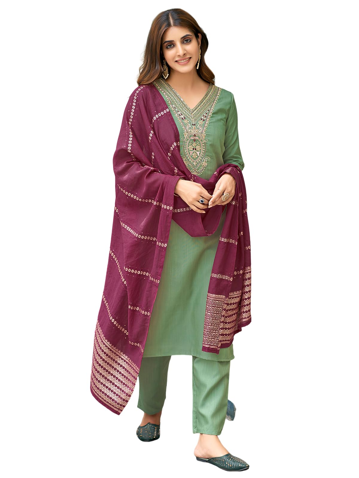 Sanisa Womens Cotton Blend Sequence Embroidery Work Straight Kurta with Pant and Dupatta Set| Ethnic Set | Suit Set | Kurta Set