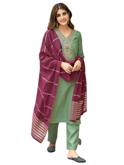 Sanisa Womens Cotton Blend Sequence Embroidery Work Straight Kurta with Pant and Dupatta Set| Ethnic Set | Suit Set | Kurta Set