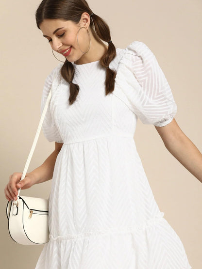 Shasmi Georgette Midi Dobby Pattern Geometric A-Line Dress (Dresses For Women 79_White