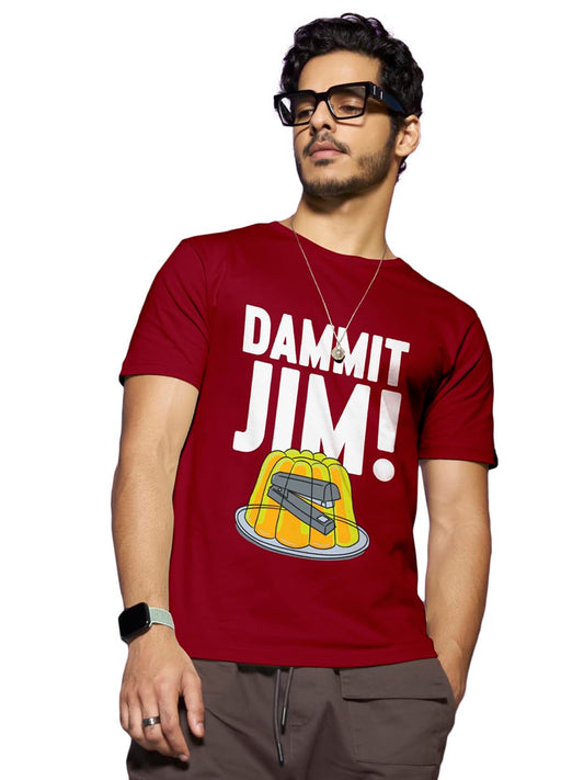 Bewakoof Mens Dammit Jim Typography Cotton T-Shirt- Regular Fit, Round Neck, Half Sleeves 585794_Red_2XL