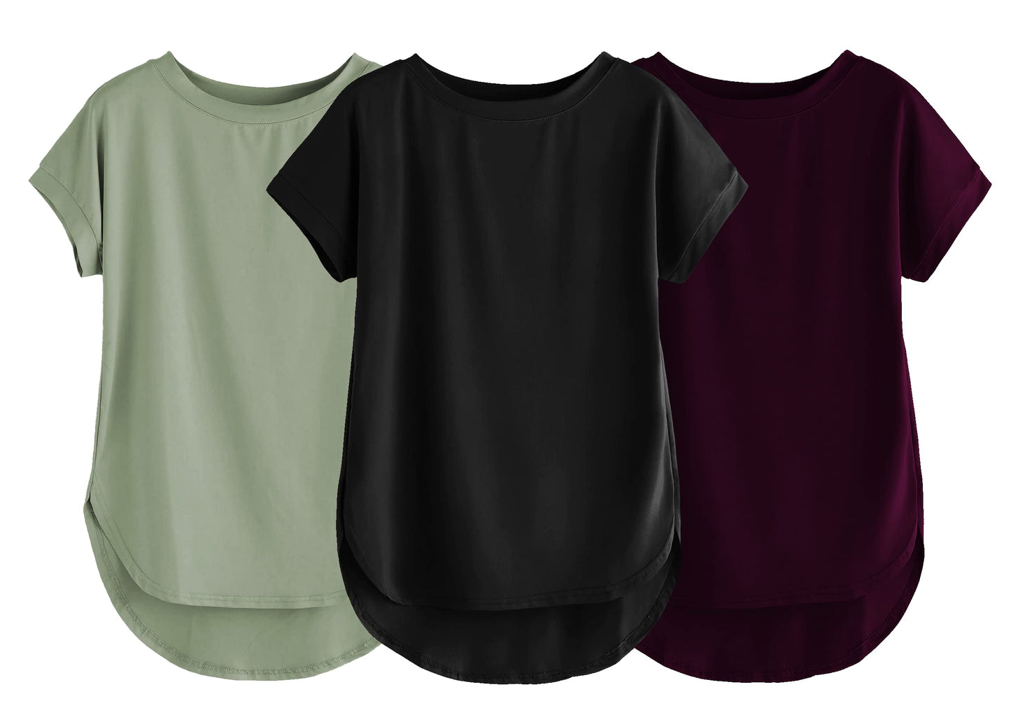 Fabricorn Combo Of Three Plain Black, Sage Green And Wine Round Neck Up And Down Cotton Tshirt For Women (Black, Sage Green, Win