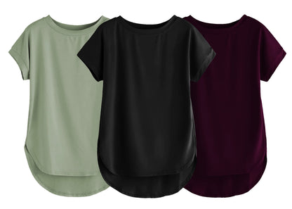 Fabricorn Combo Of Three Plain Black, Sage Green And Wine Round Neck Up And Down Cotton Tshirt For Women (Black, Sage Green, Win