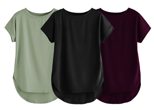 Fabricorn Combo Of Three Plain Black, Sage Green And Wine Round Neck Up And Down Cotton Tshirt For Women (Black, Sage Green, Win