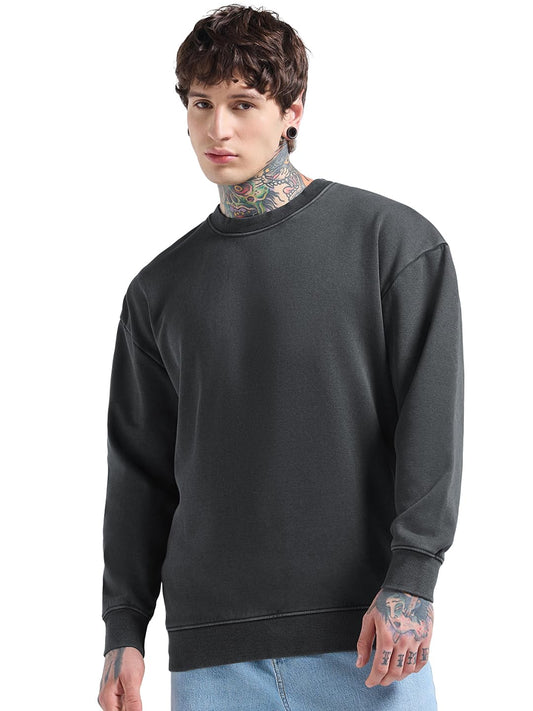 Bewakoof Heavy Duty 1.0 MenS Washed Oversized Fit Full Sleeve Round Neck Fleece Sweatshirt_682735_Grey_L