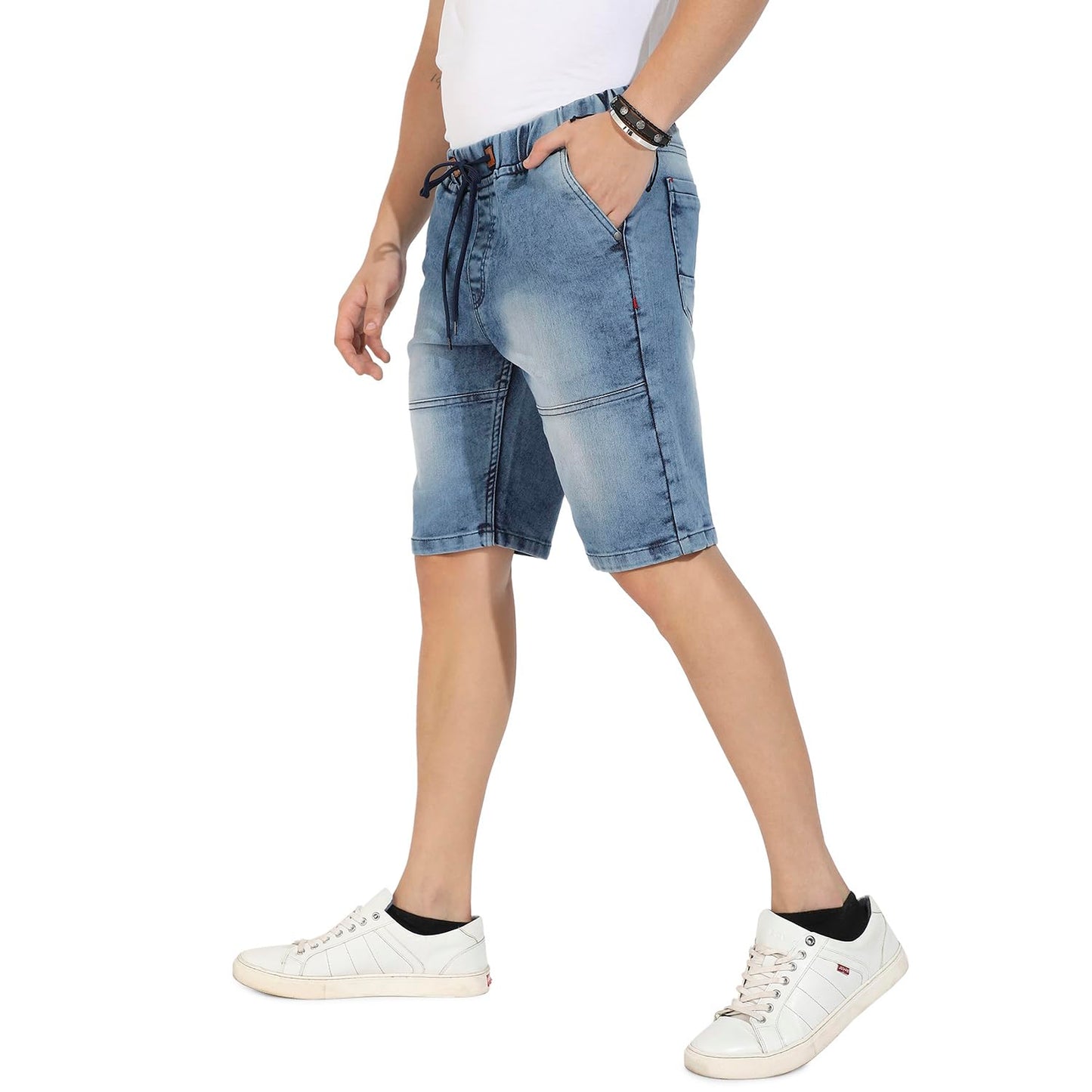 Campus Sutra Mens Blue Contrast Stitch Denim Shorts for Casual Wear | Medium-Wash | Regular Fit | Drawstring Closure | Denim De