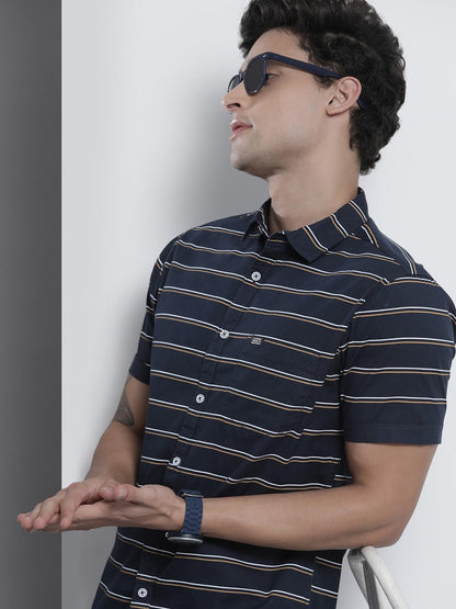 The Indian Garage Co Blue Regular Fit Spread Collar Striped Short Sleeves Shirt