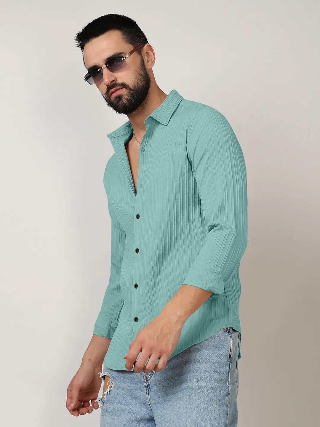 Finivo Fashion MenS Casual Cotton Plain Button Down Shirts Long Sleeve Textured Summer Beach Shirt For Men Turquoise