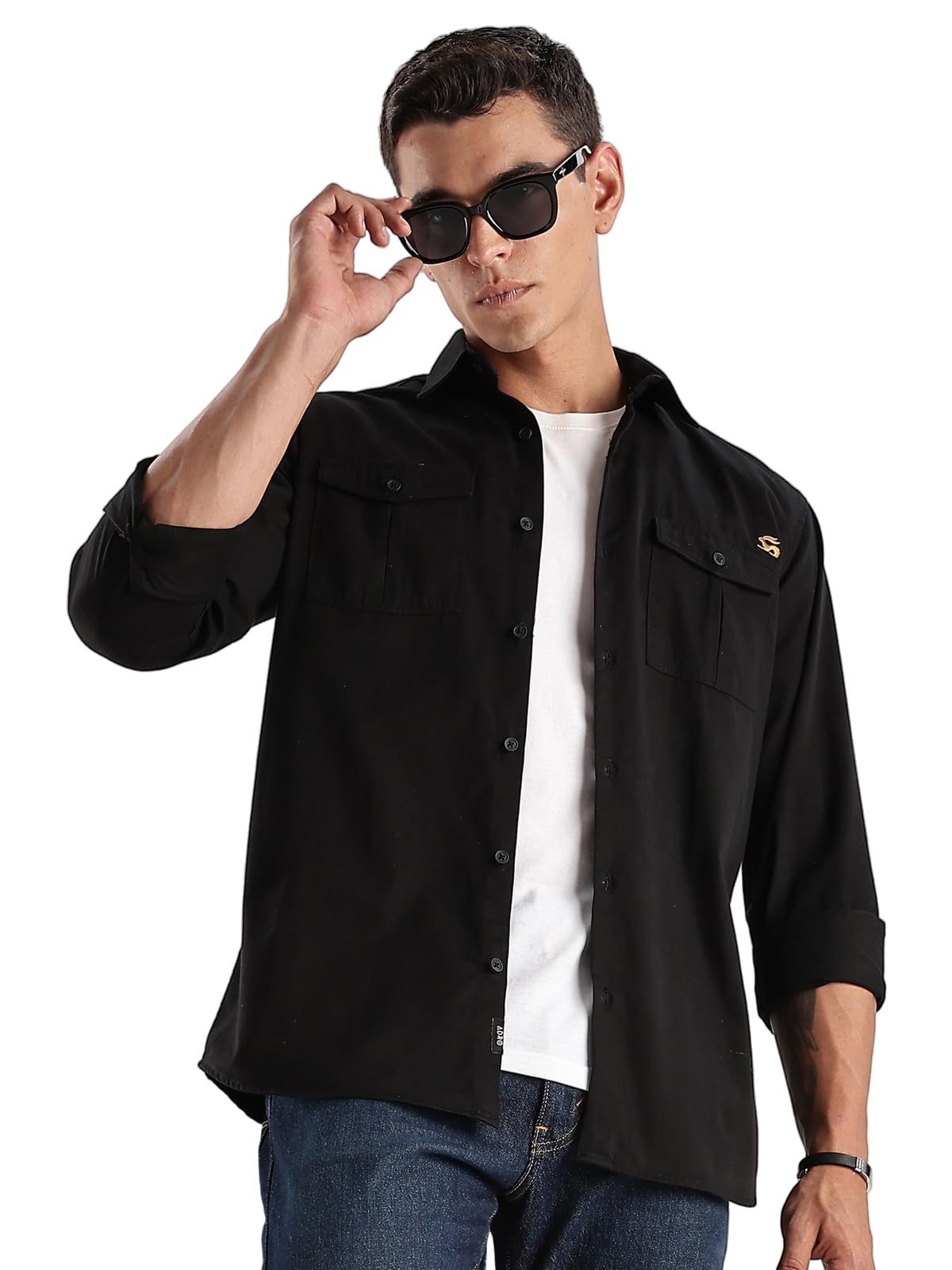 ADRO Cargo Shirts for Men | Double Pocket Mens Casual Shirt | 100% Cotton Plain Shirts | Full Sleeve Shirt | Summer - Regular Fi