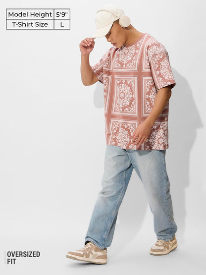 The Souled Store Muted Clay Oversized T-Shirt for Men Boys Cotton Casual Half Sleeves Baggy Loose Fit Drop Shoulder Round Neck