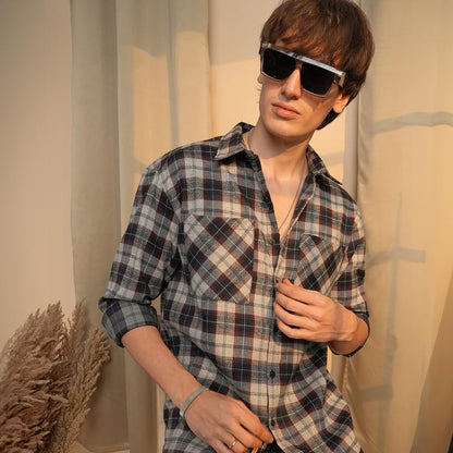 Campus Sutra Mens Navy Blue & Cloud Grey Tartan Plaid Shirt | Casual Wear | Spread Collar | Long Sleeve | Button Closure | Shir